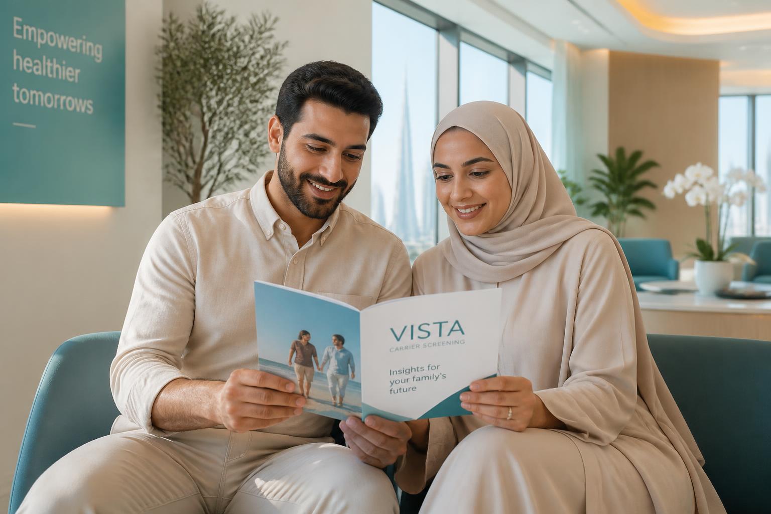 A couple in a clinic waiting area reviewing a VISTA carrier screening brochure